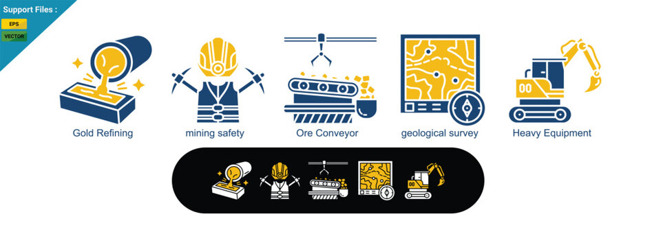 Modern gold mining processes are shown with icons for gold refining, mining safety, ore conveyor, geological survey, and heavy equipment.  two color icons set
