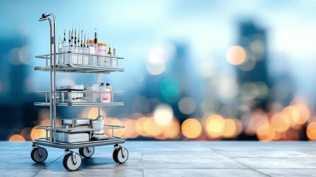 Medium shot of a sleek metal modality cart with neatly arranged medical tools in sharp focus and blurred background for a professional environment