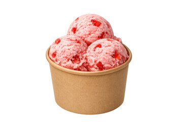 Strawberry ice cream scoops filling a brown paper cup, refreshing frozen dessert, sweet summer treat
