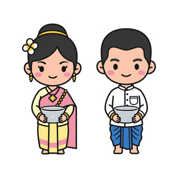 Illustration of a man and woman in traditional Burmese clothing holding bowls.