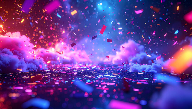 A vibrant, abstract scene with colorful confetti falling amidst glowing particles and smoky clouds, creating a festive and energetic atmosphere. - Powered by Adobe