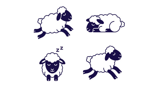 Four Cute Sheep Vector Icons: Running, Sleeping, Lying Lambs. Minimalist Animal Illustrations on White Background.