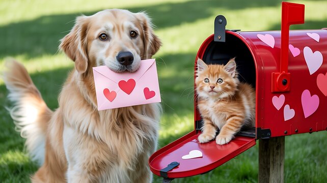 Valentine&rsquo;s Day golden retriever with heart envelope and tabby kitten in red mailbox on sunny lawn