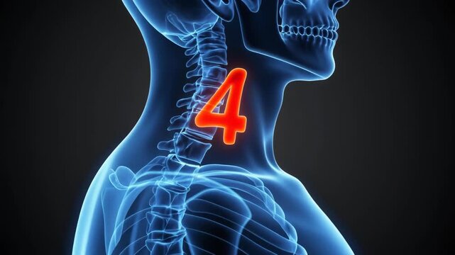 Medical 3D illustration highlighting the C4 cervical vertebra on human skeleton x-ray.