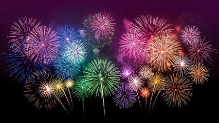Vibrant fireworks display in the night sky with diverse colors and patterns