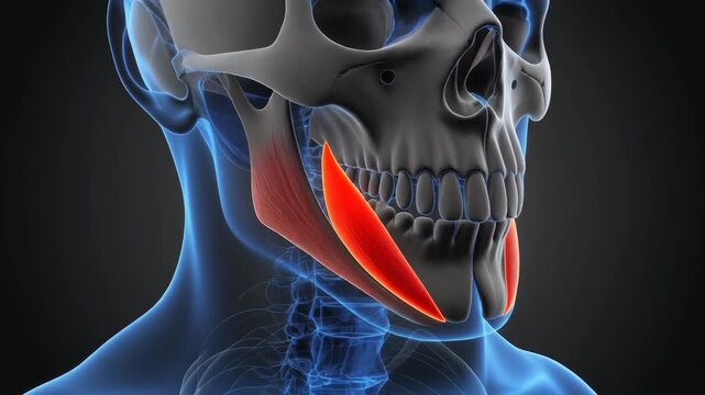 Medical visualization of human skull anatomy highlighting the Depressor Anguli Oris muscle in facial expression system.