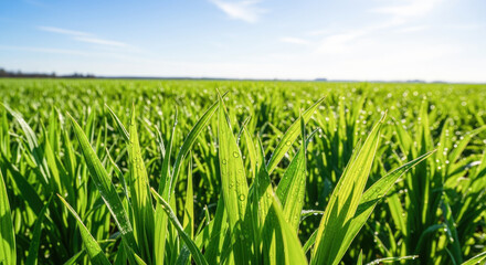 Fototapeta premium A vibrant green field of wheat under a clear blue sky with a few scattered clouds.