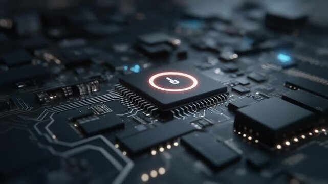 Glowing microchip power symbol circuit board technology with dark background electronics computer hardware futuristic cyber