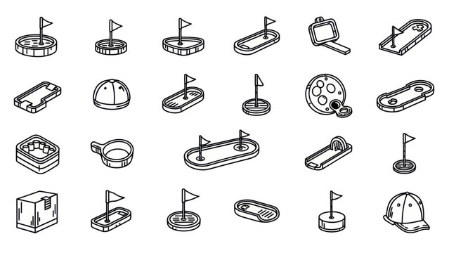Isometric mini golf course icons flags holes and equipment outlines