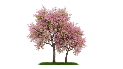 Two Blooming Cherry Blossom Trees on Green Grass