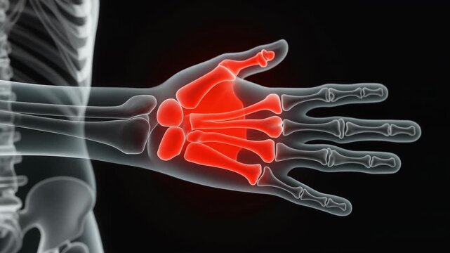 Medical visualization of human hand skeleton showing acute pain and inflammation in metacarpal bones highlighted in red.