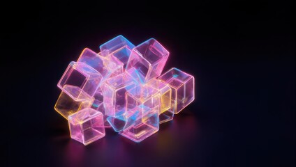 Glowing translucent cubes cluster with neon edges on a dark background