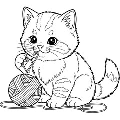 Obraz premium Cute cartoon kitten playing with yarn ball vector illustration for coloring book