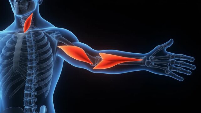 Medical 3D illustration highlighting Sternocleidomastoid and arm muscles on transparent human skeleton.