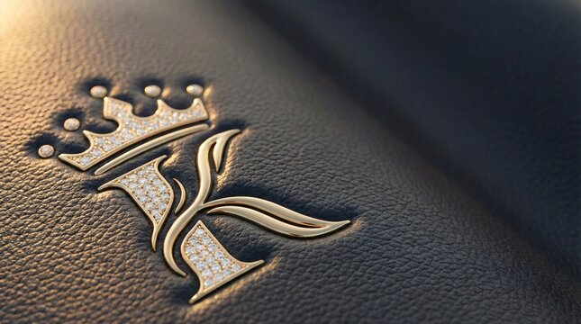 Luxury golden embossed letter K logo with crown and diamonds on black leather for premium branding concept
