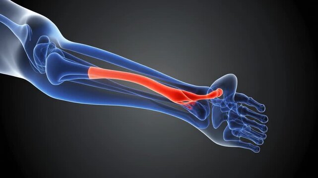 Medical illustration depicting the human arm anatomy with the ulna bone highlighted in red for emphasis.