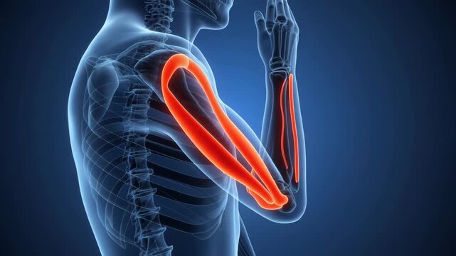 Medical illustration showing the human arm bones with the humerus, radius, and ulna highlighted in red to depict anatomy or pain.