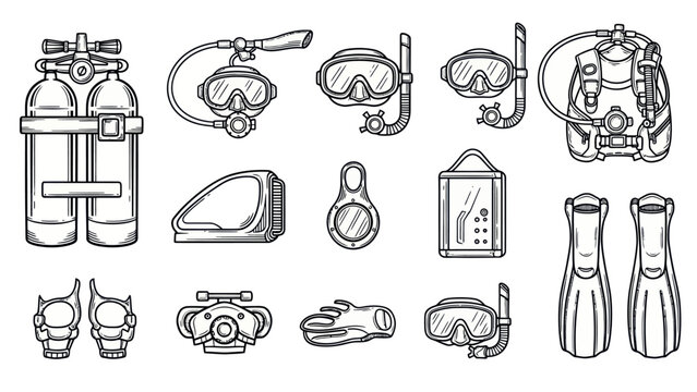 Underwater exploration equipment collection scuba gear and diving tools
