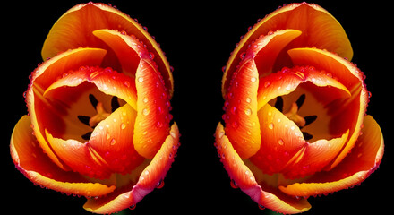 Symmetrical composition of blooming orange tulips with dew drops