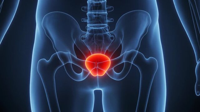3D medical rendering of human anatomy highlighting inflamed bladder within the skeletal system.