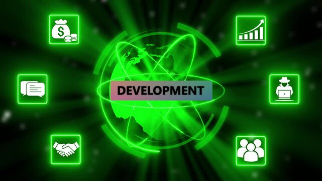 Development technology process with cloud computing and team collaboration. Futuristic Development ecosystem with growth, security, and teamwork icons.