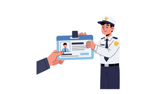 Security Check: Guard Inspecting ID Badge - Vector Illustration
