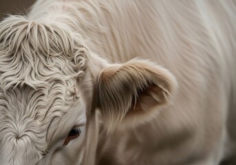 Macro Close Up Detail of a White Cow Head Showing Soft Curly Fur and Ear with Blurred Farm Background