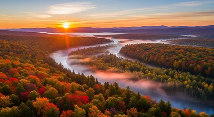 Obraz premium A breathtaking aerial view of a winding river through a vibrant autumn forest at sunrise, with mist rising from the water.