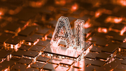 Glowing AI symbol on futuristic circuit board with copper tones