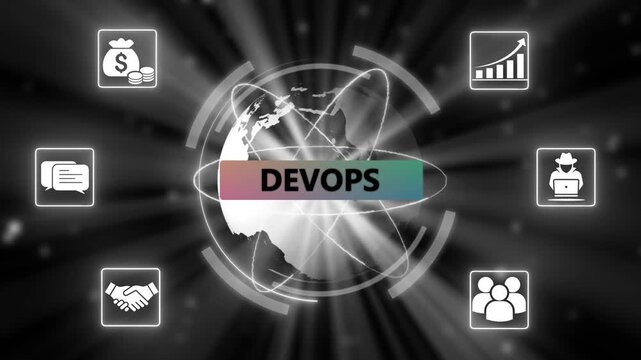 DevOps technology process with cloud computing and team collaboration. Futuristic DevOps ecosystem with growth, security, and teamwork icons.