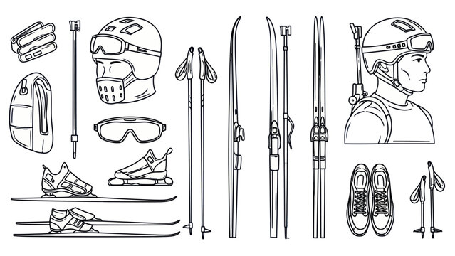 Skiing equipment vector illustration collection skis poles helmets and gear