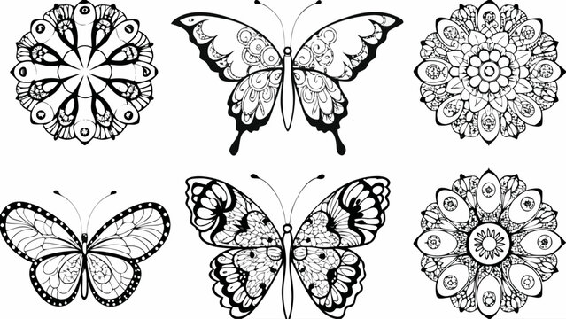 Beautiful black and white mandalas and butterflies with intricate patterns and designs for relaxation and stress relief through adult coloring books and mindfulness activities.