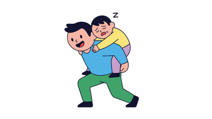 Fototapeta premium Father Carrying Sleeping Child on Back - Vector Illustration
