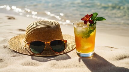 Straw hat sunglasses and cocktail on sandy beach image