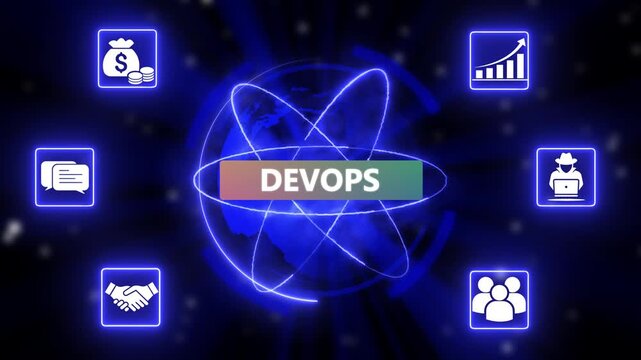 DevOps technology process with cloud computing and team collaboration. Futuristic DevOps ecosystem with growth, security, and teamwork icons.