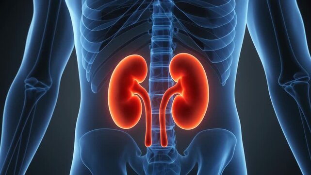 3D medical illustration of glowing red human kidneys and urinary system inside blue skeletal torso.