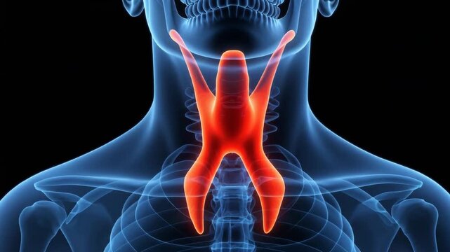 Medical 3D illustration of human male upper body with highlighted red larynx indicating inflammation or throat pain.