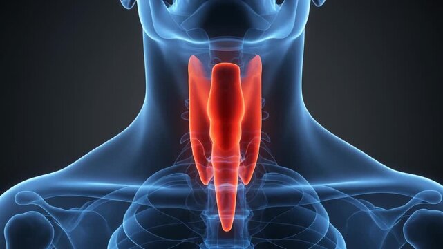 Medical 3D illustration highlighting the human larynx and thyroid anatomy within a transparent blue skeletal body for clinical education.