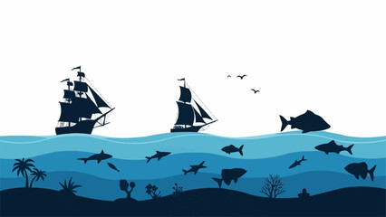 Silhouette of sailing ships and fish in the ocean. © Anggi