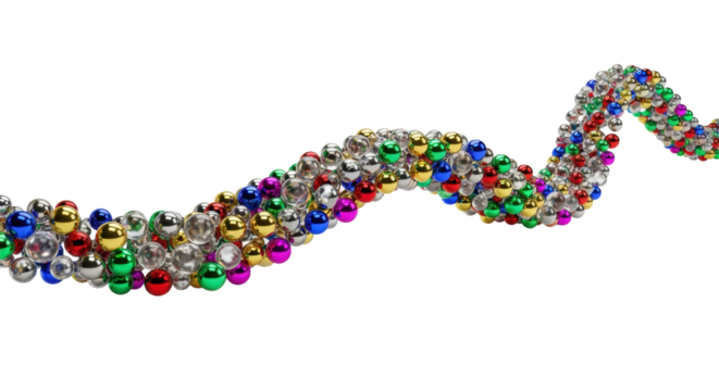 Hundreds of polished iridescent metallic and glass spheres flowing rapidly in a snake-like s-curve structure on a transparent background with copy space. Concept of high-speed data flow - Powered by Adobe