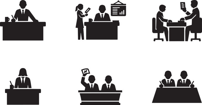 Black Solid Annual General Meeting Silhouettes Set of Six on White Background