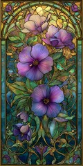 Stained Glass Window with Purple Flowers