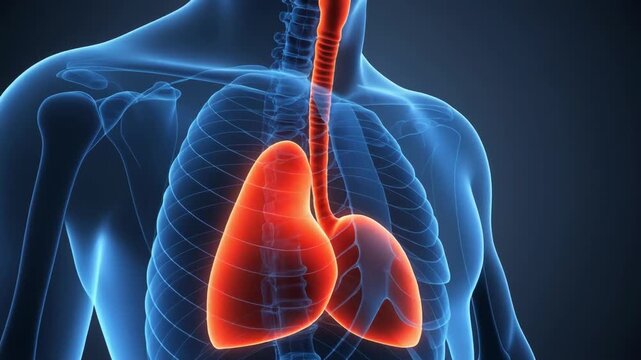 3D medical illustration showing the human respiratory system with glowing red lungs inside a transparent blue upper body torso.