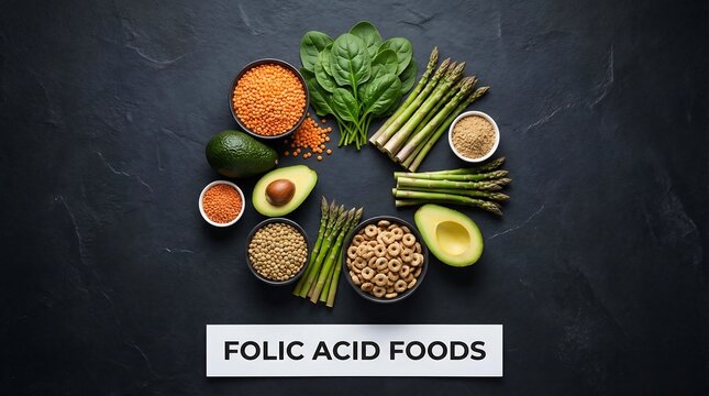 Folic Acid Foods Flat Lay with Spinach, Asparagus, Avocado, and Lentils on Dark Background