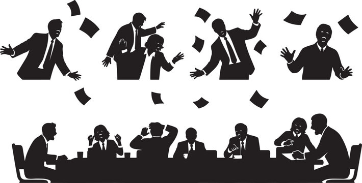 Black Solid Chaotic Meeting Silhouettes Set of Six on White Background