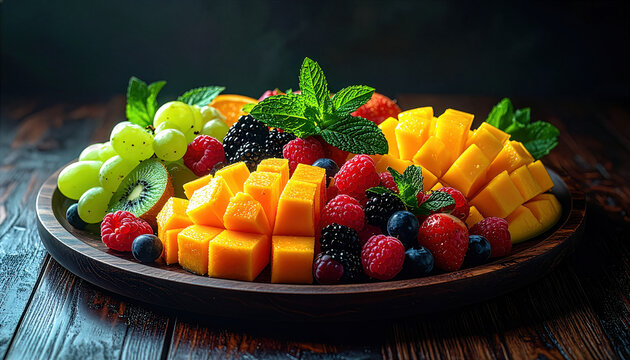 Fruit platter with mango cubes, grapes and berries on dark table. Fresh healthy snack board with mint garnish, rustic food background. Gourmet brunch fruit tray for restaurant menu and catering promo