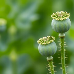 Macro Close Up of Two Green Poppy Seed Pods on Spiky Stems with Blurred Natural Green Background