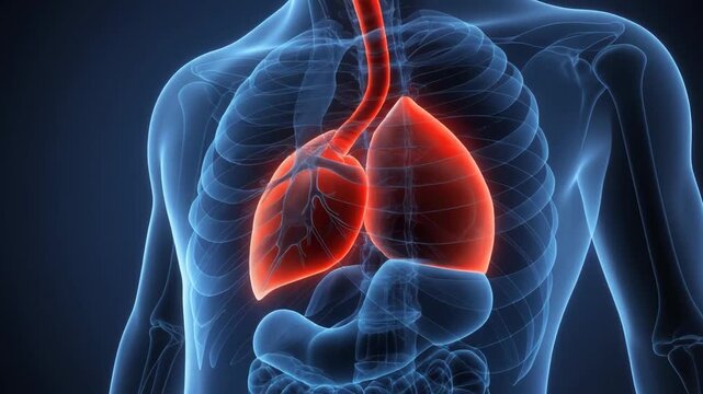 Medical 3D illustration highlighting the human respiratory system with glowing red lungs and trachea within a translucent blue x-ray body structure.