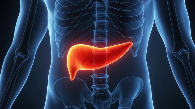 3D medical illustration showing human pancreas glowing red inside transparent male torso skeleton.