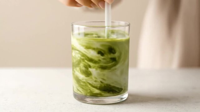 A hand stirs matcha green tea latte in a clear glass on a light surface